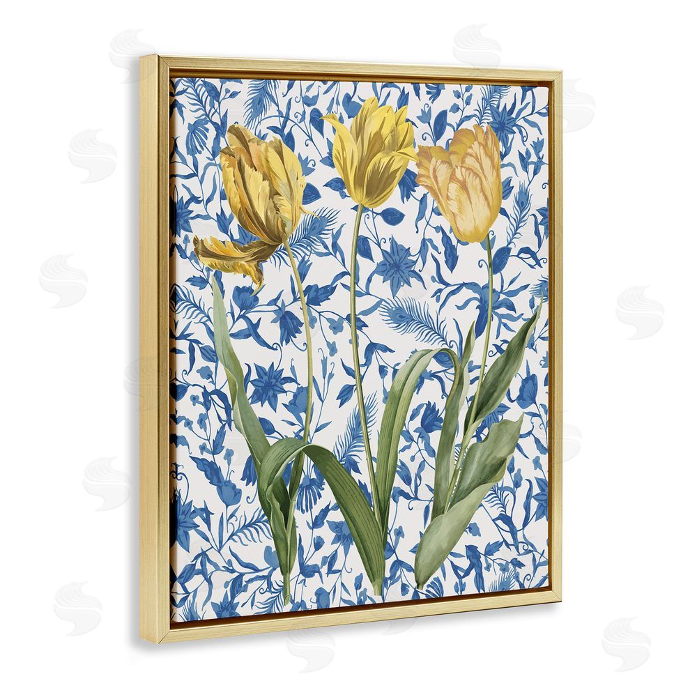 Stupell Studio Three Tulips on Toile Gold Floating Frame Canvas Wall Art Print