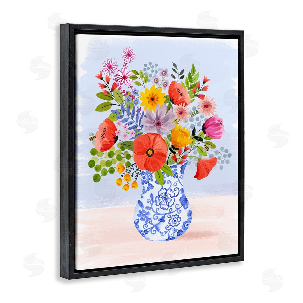 Sharon Lee Bright Flowers in Pottery Black Floating Frame Canvas Wall Art Print