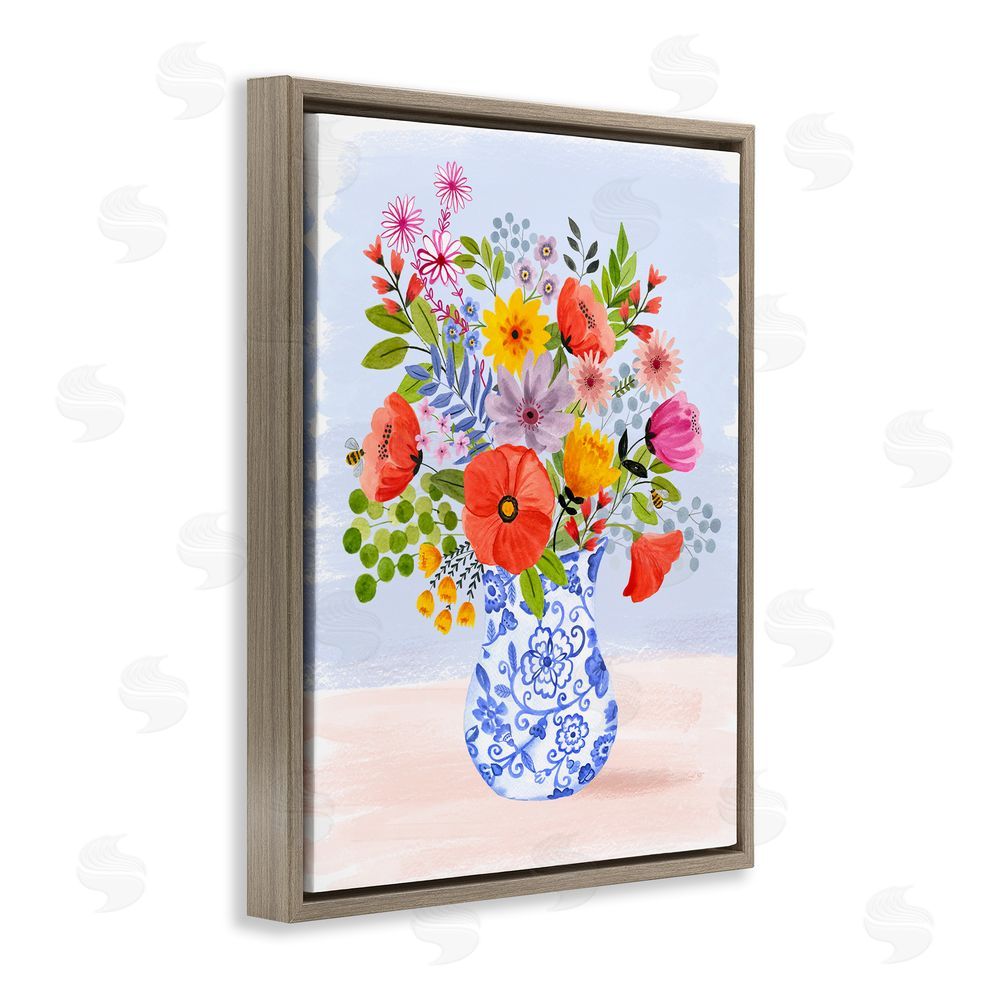 Sharon Lee Bright Flowers in Pottery Brown Floating Frame Canvas Wall Art Print
