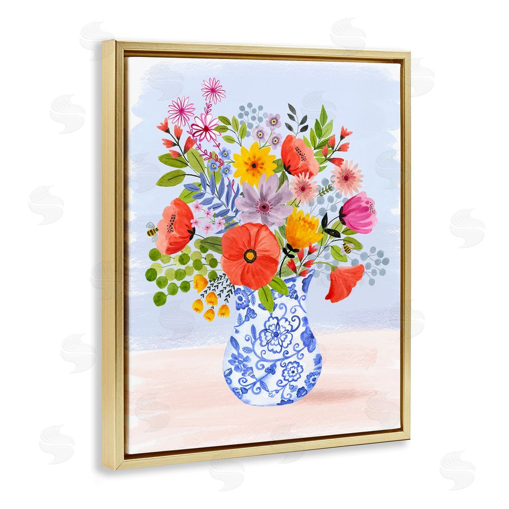 Sharon Lee Bright Flowers in Pottery Gold Floating Frame Canvas Wall Art Print