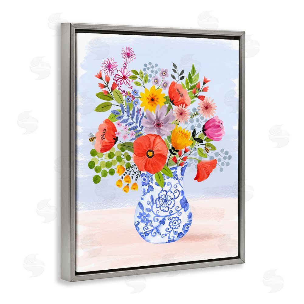 Sharon Lee Bright Flowers in Pottery Grey Floating Frame Canvas Wall Art Print