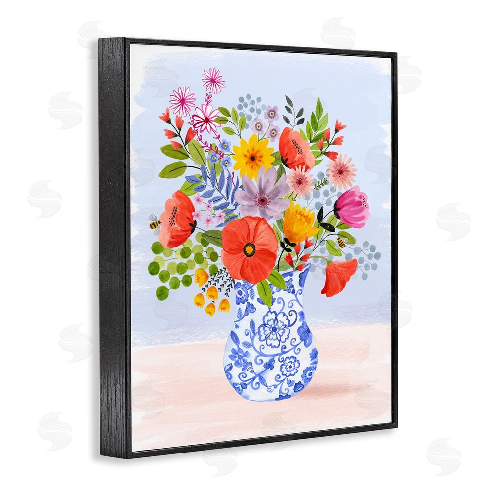 Sharon Lee Bright Flowers in Pottery Black Framed Giclee Wall Art Print
