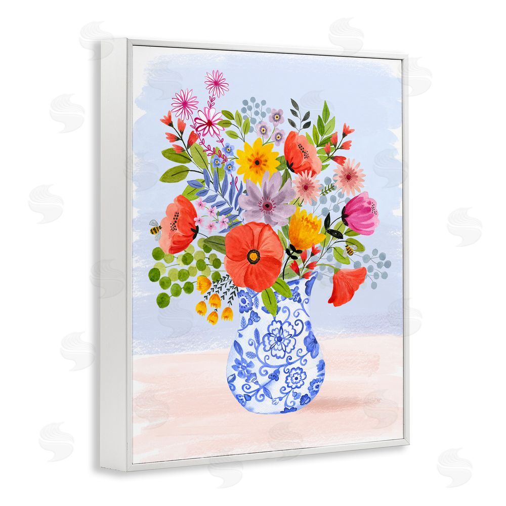 Sharon Lee Bright Flowers in Pottery White Framed Giclee Wall Art Print