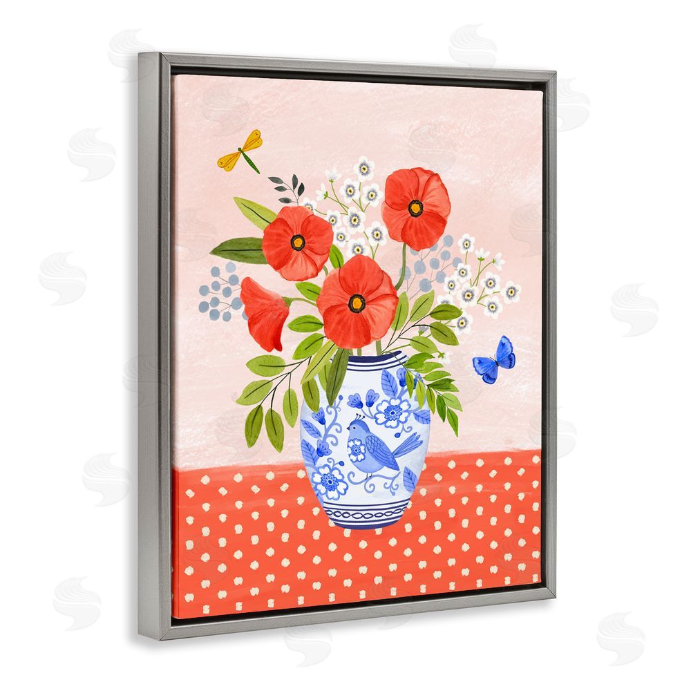 Sharon Lee Bright Bouquet on Polka Dots Grey Floating Frame Canvas Wall Art Print