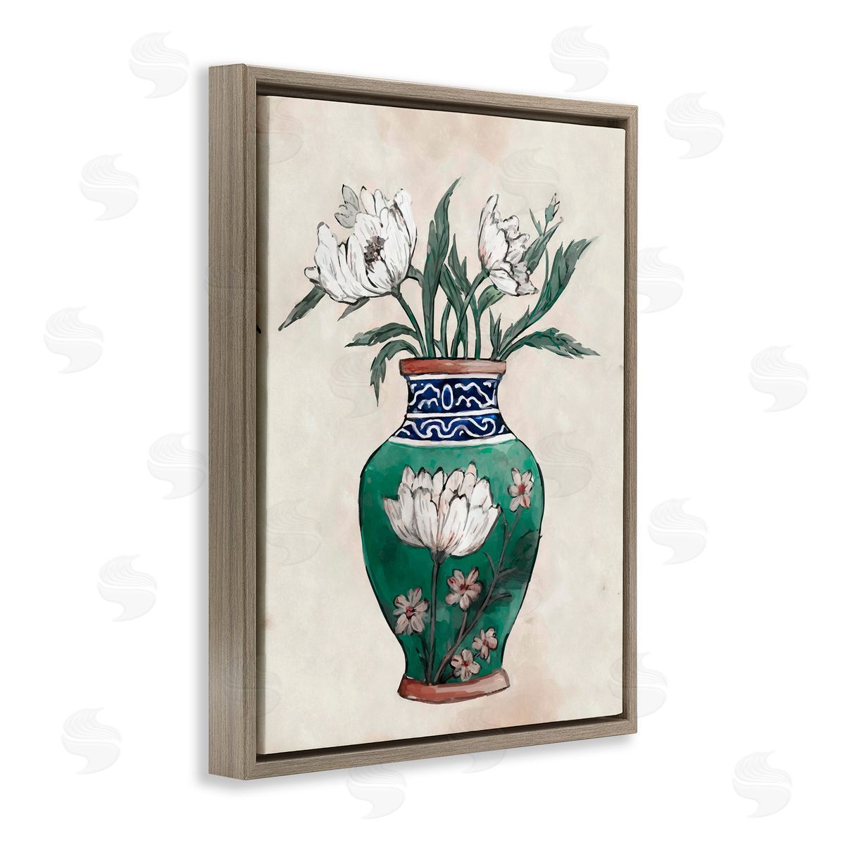 Floral Oriental Vase Brown Floating Frame Canvas Wall Art, Home Decor by Ziwei Li