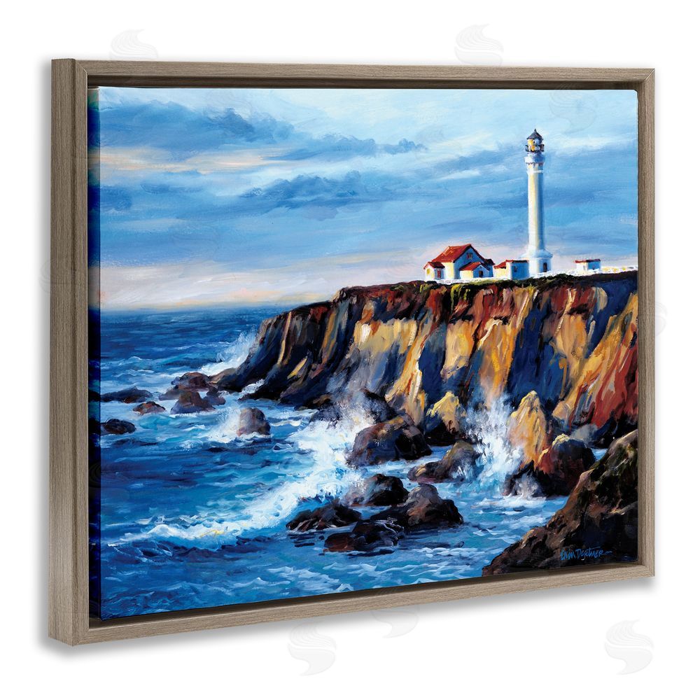 Erin Dertner Lighthouse on Sea Cliff Brown Floating Frame Canvas Wall Art Print
