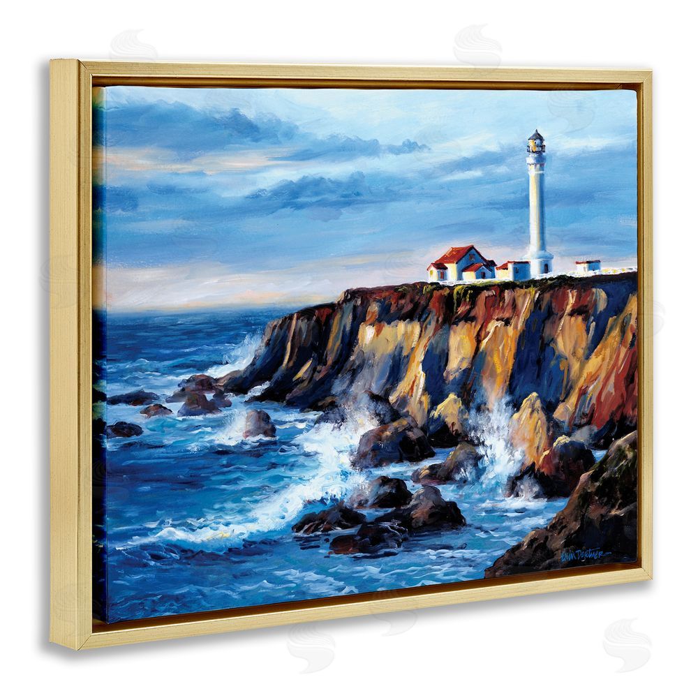 Erin Dertner Lighthouse on Sea Cliff Gold Floating Frame Canvas Wall Art Print