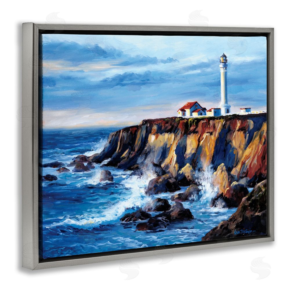 Erin Dertner Lighthouse on Sea Cliff Grey Floating Frame Canvas Wall Art Print