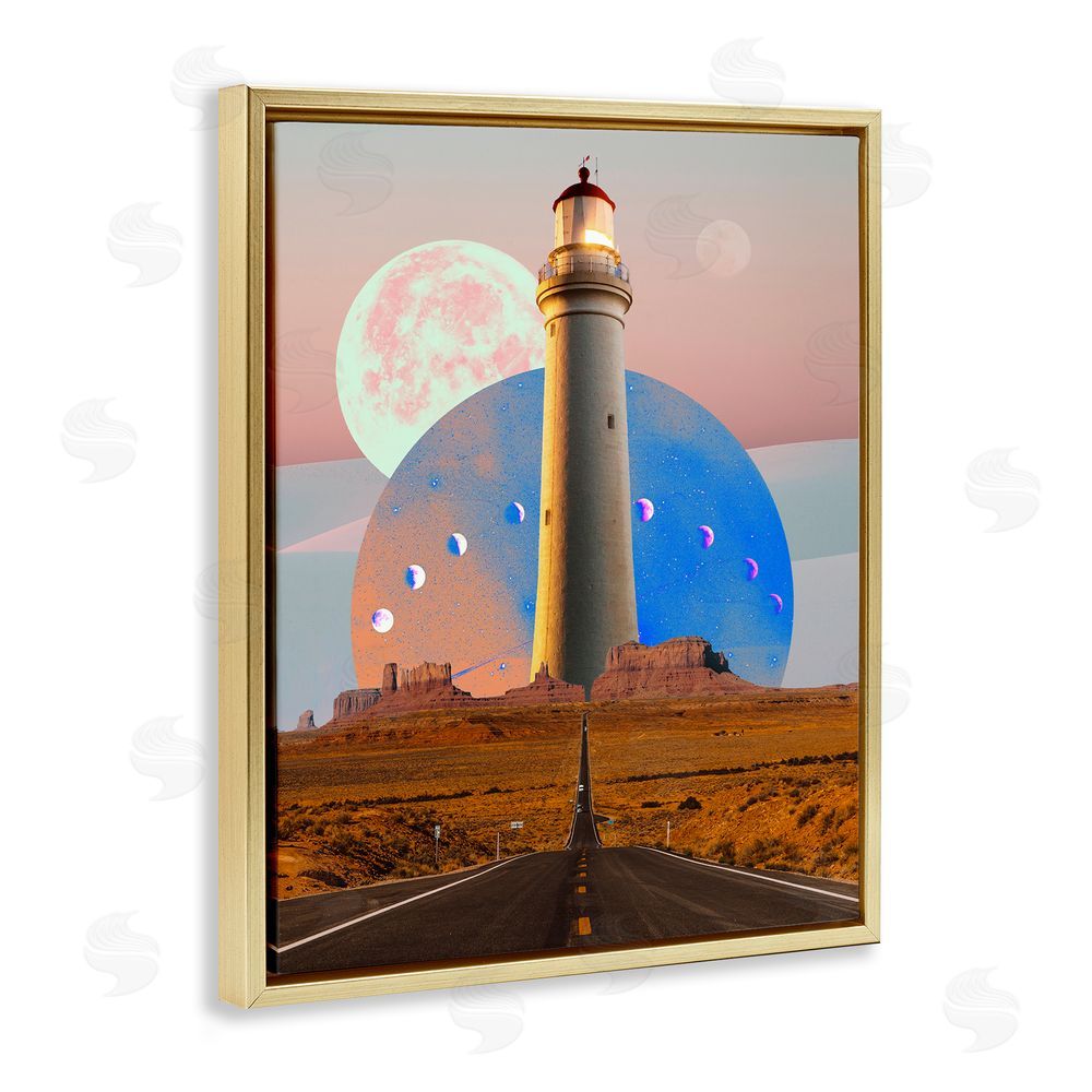 Ziwei Li Surreal Lighthouse in Desert Gold Floating Frame Canvas Wall Art Print
