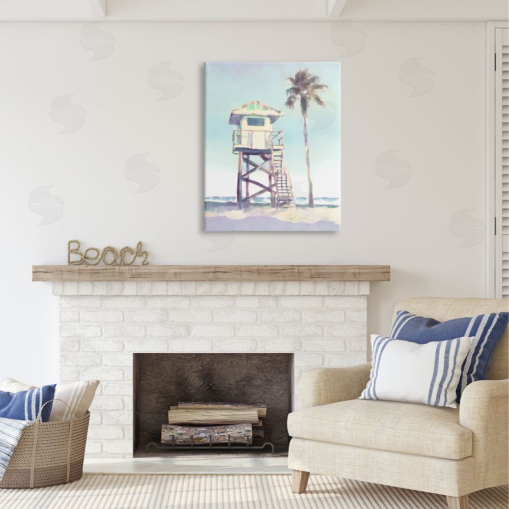 Petal Prints Design Muted Beach Hut Canvas Wall Art Print in Room