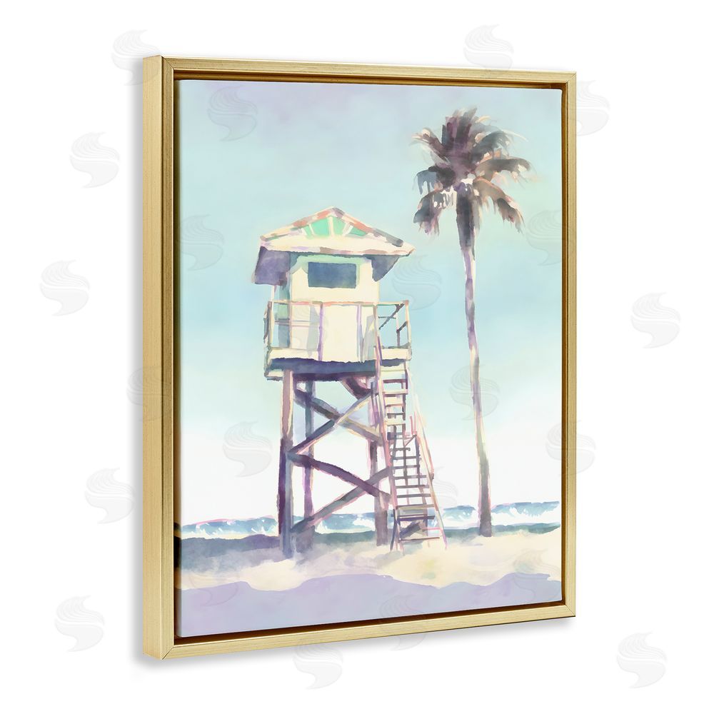 Petal Prints Design Muted Beach Hut Gold Floating Frame Canvas Wall Art Print