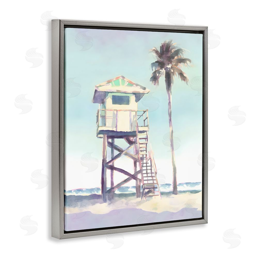 Petal Prints Design Muted Beach Hut Grey Floating Frame Canvas Wall Art Print