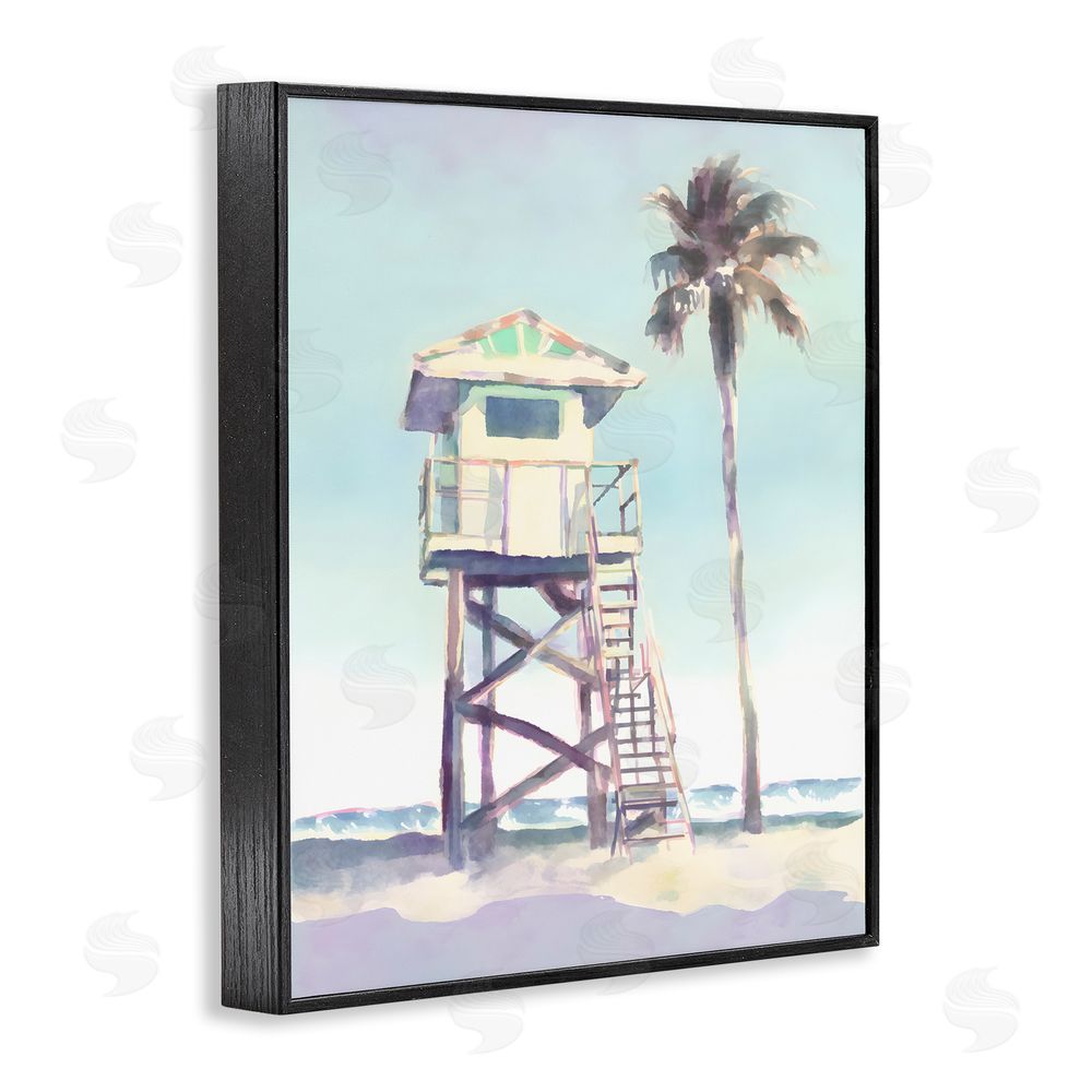 Petal Prints Design Muted Beach Hut Black Framed Giclee Wall Art Print