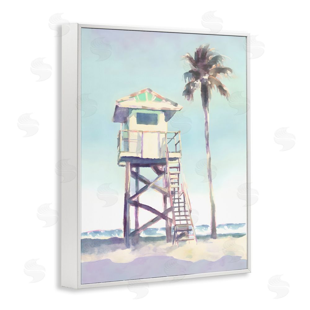 Petal Prints Design Muted Beach Hut White Framed Giclee Wall Art Print
