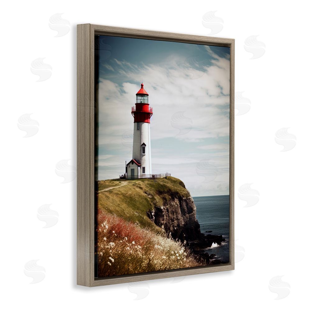 Ray Powers Lighthouse on High Cliff Brown Floating Frame Canvas Wall Art Print