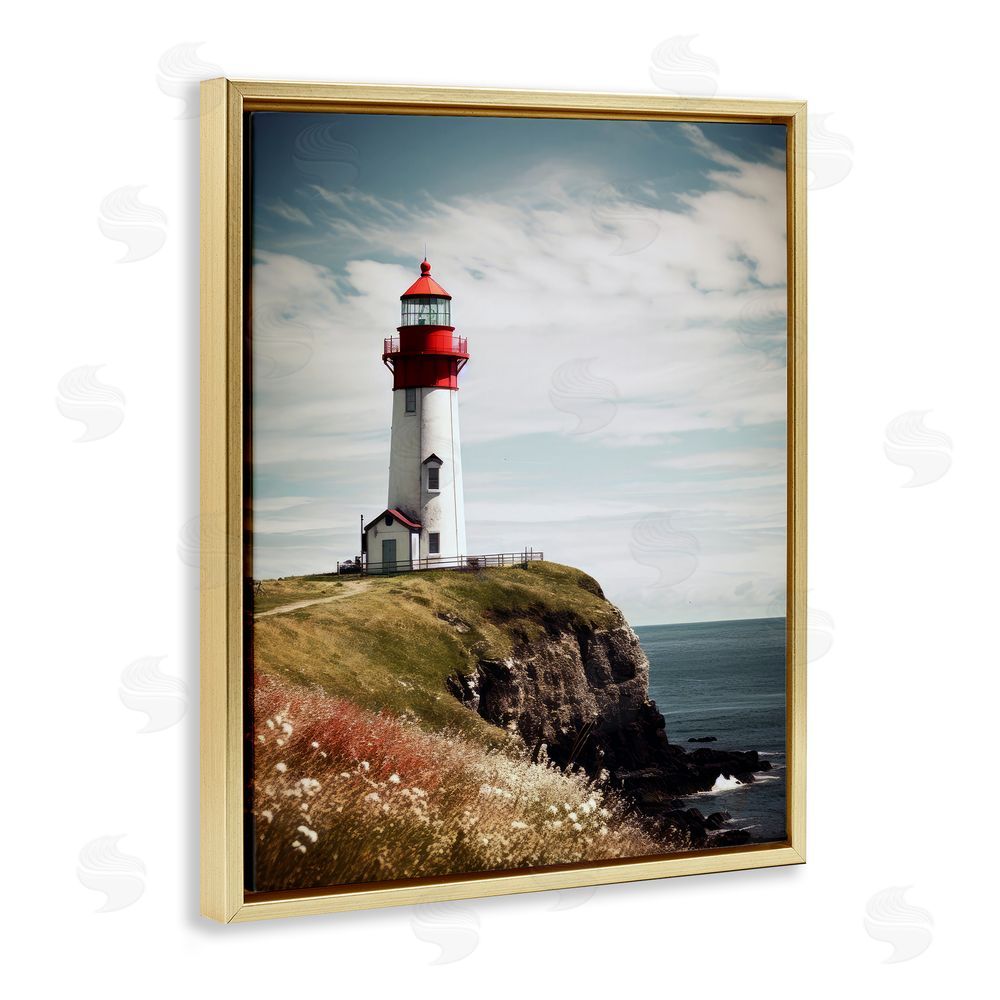 Ray Powers Lighthouse on High Cliff Gold Floating Frame Canvas Wall Art Print
