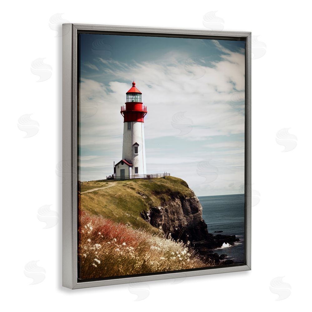 Ray Powers Lighthouse on High Cliff Grey Floating Frame Canvas Wall Art Print