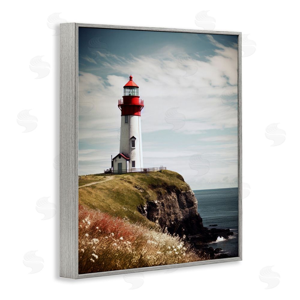 Ray Powers Lighthouse on High Cliff Gray Framed Giclee Wall Art Print