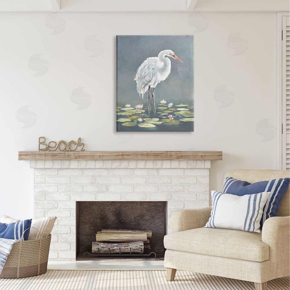 Lucca Sheppard White Heron & Pond Lilies Canvas Wall Art Print in Room