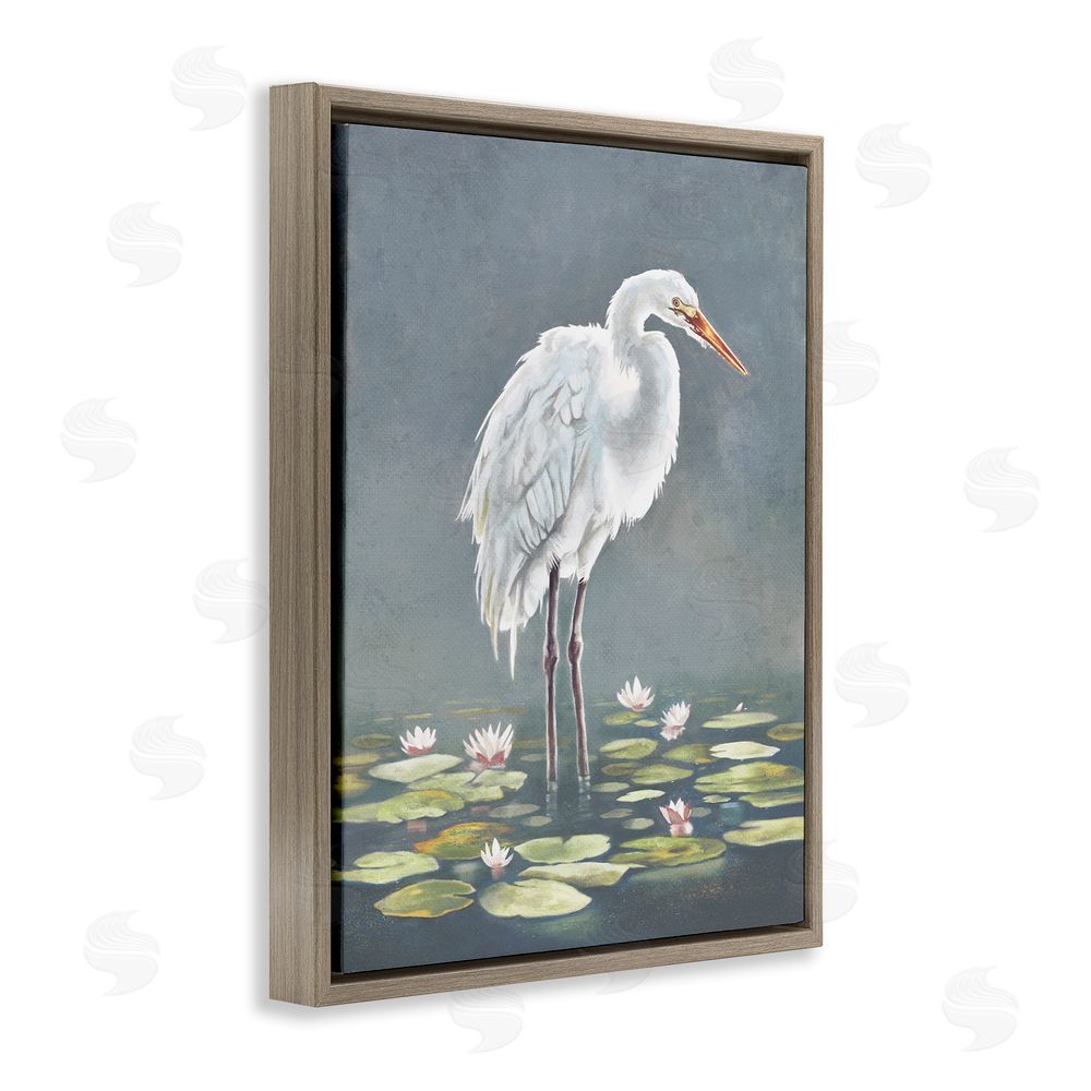 Lucca Sheppard White Heron & Pond Lilies Brown Floating Frame Canvas Wall Art Print