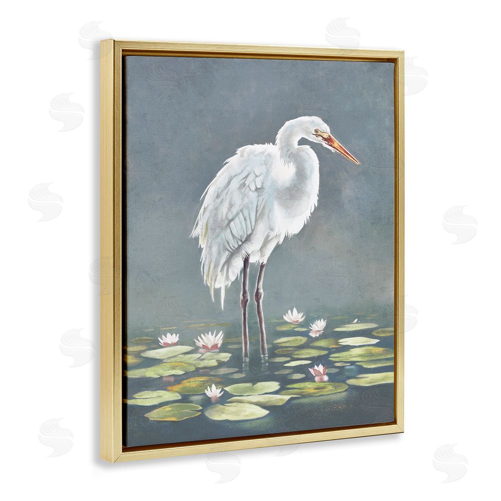 Lucca Sheppard White Heron & Pond Lilies Gold Floating Frame Canvas Wall Art Print