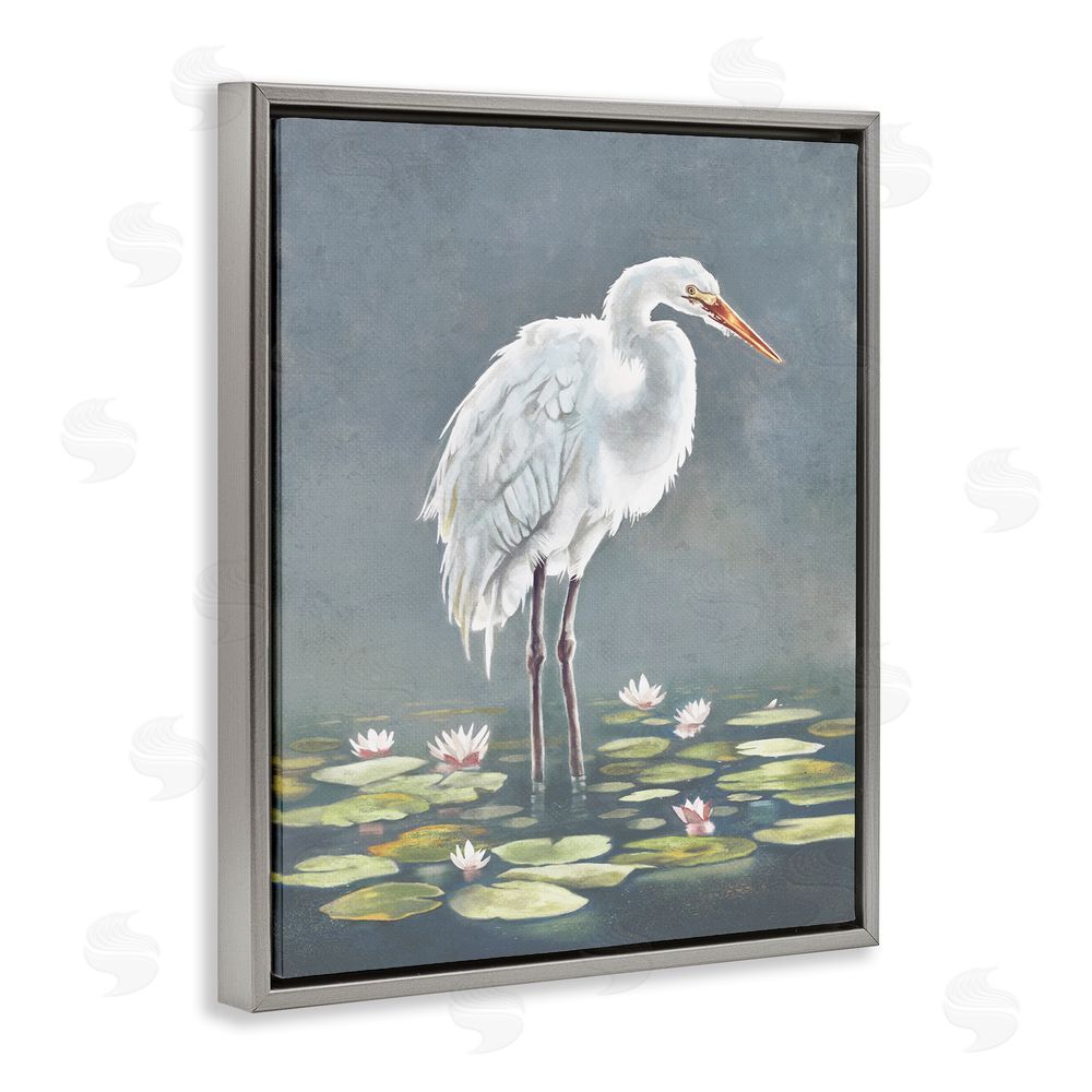 Lucca Sheppard White Heron & Pond Lilies Grey Floating Frame Canvas Wall Art Print