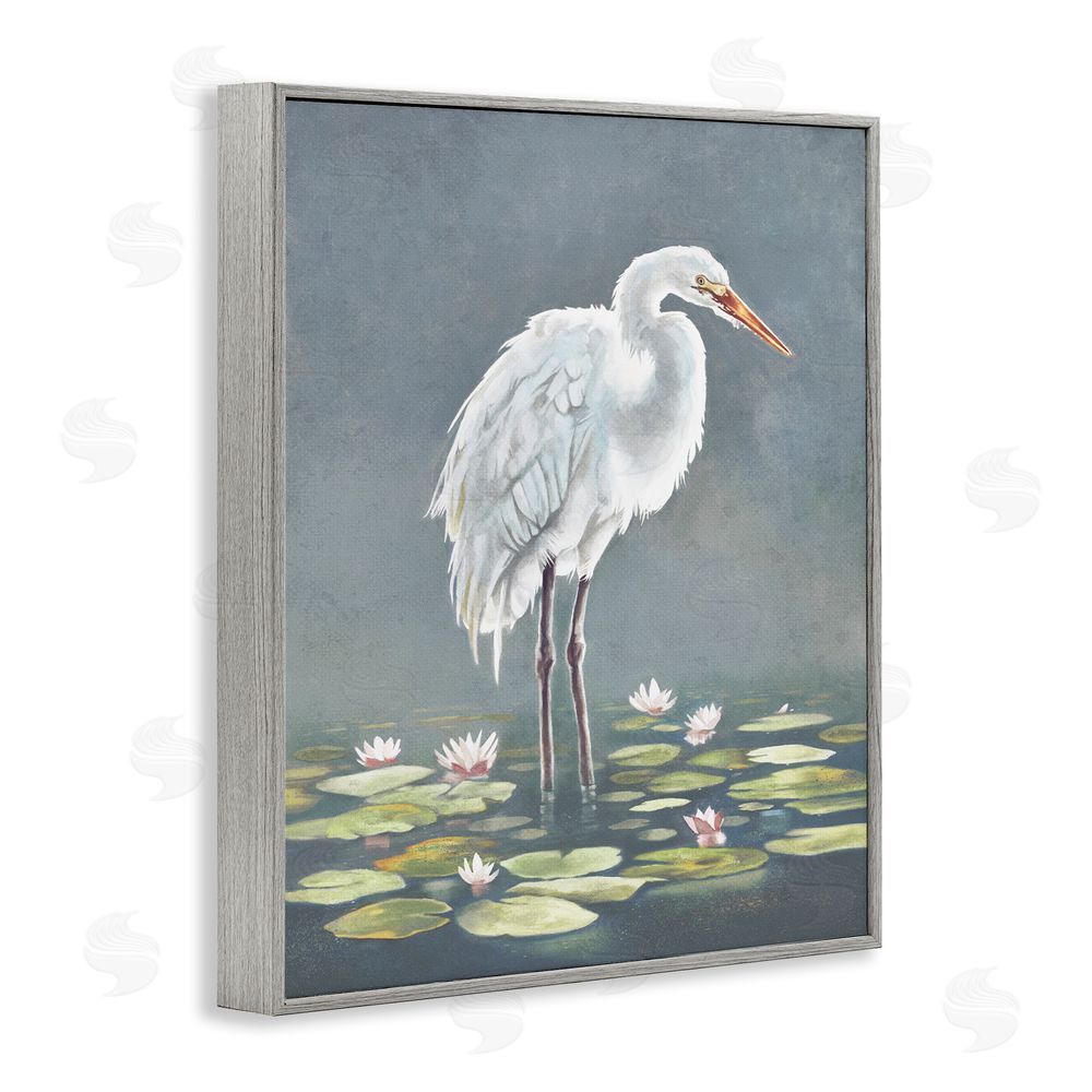 Lucca Sheppard White Heron & Pond Lilies Gray Framed Giclee Wall Art Print
