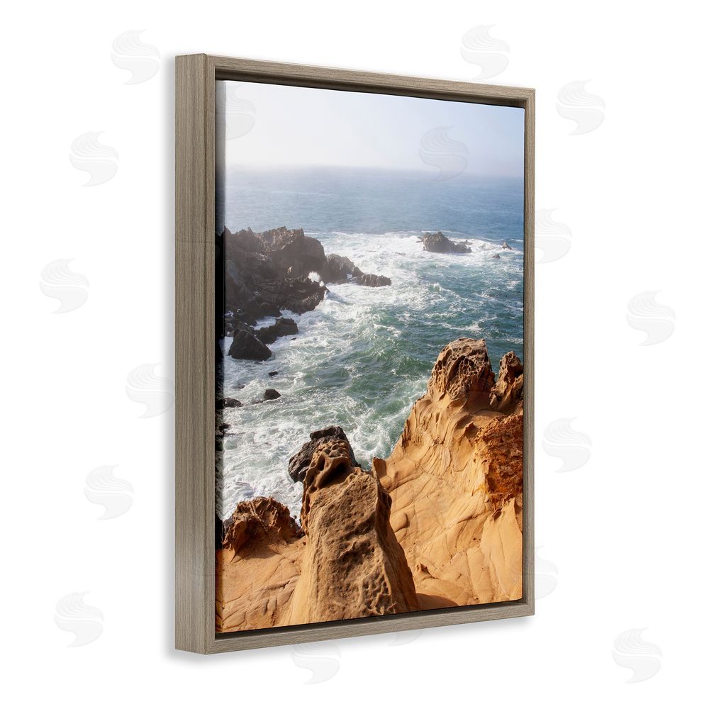 Kathy Mansfield Sea Cove Splashing Waves Brown Floating Frame Canvas Wall Art Print
