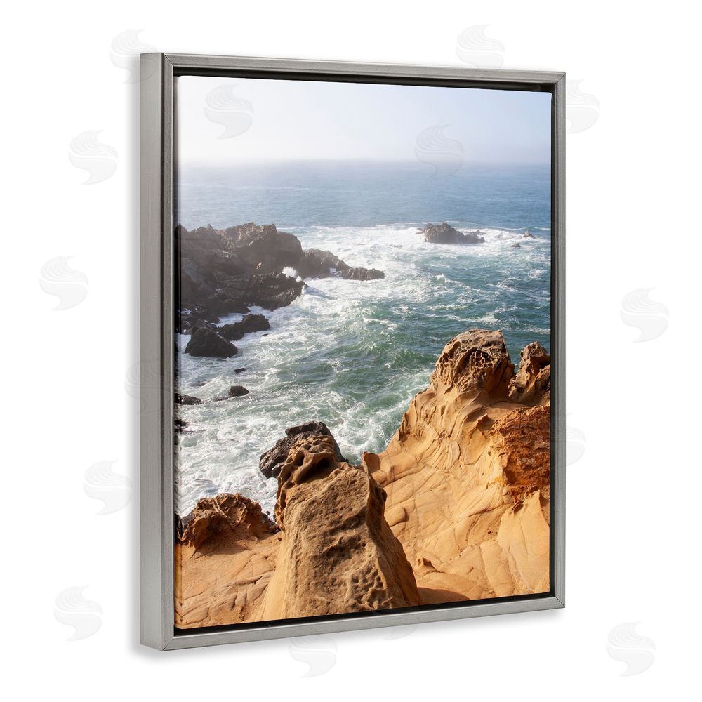 Kathy Mansfield Sea Cove Splashing Waves Grey Floating Frame Canvas Wall Art Print