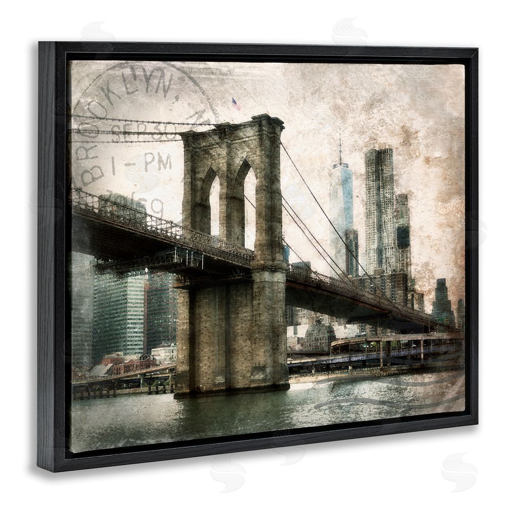 Rhonda Addison Vintage Brooklyn Bridge Black Floating Frame Canvas Wall Art Print