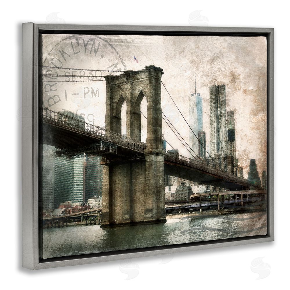 Rhonda Addison Vintage Brooklyn Bridge Grey Floating Frame Canvas Wall Art Print