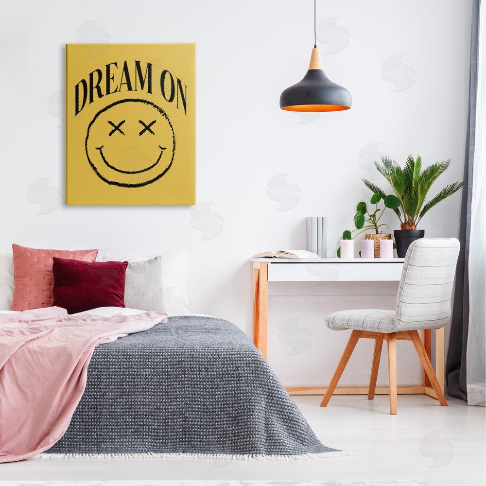 House of Lulu Dream On Yellow Smiley Canvas Wall Art Print in Room