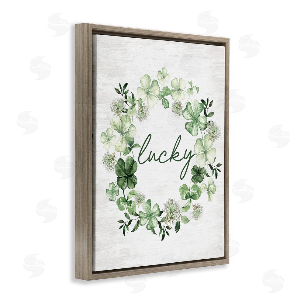 Lettered and Lined Lucky Clover Wreath Brown Floating Frame Canvas Wall Art Print