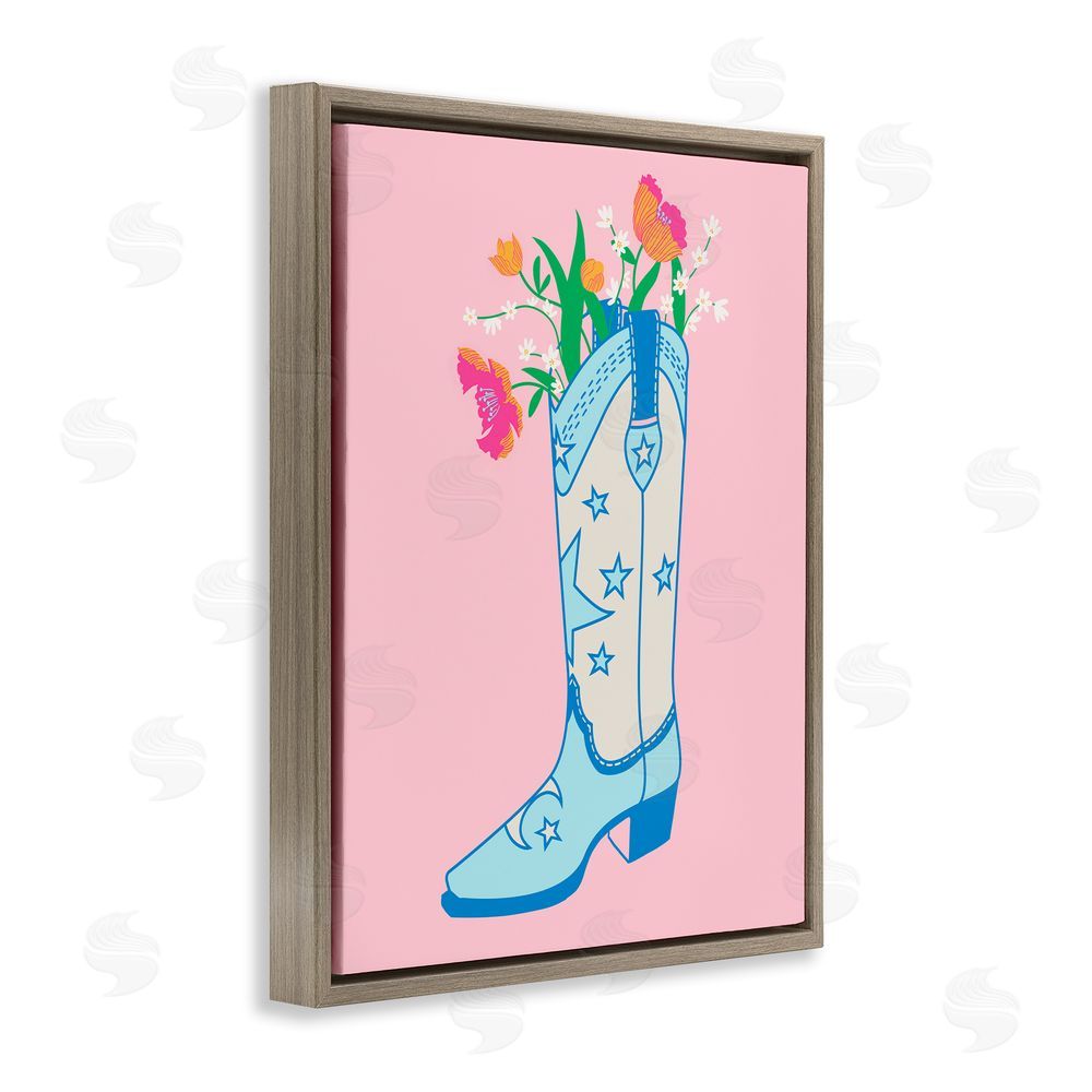 Grace Popp Pink Floral Cowgirl Boot Brown Floating Frame Canvas Wall Art Print