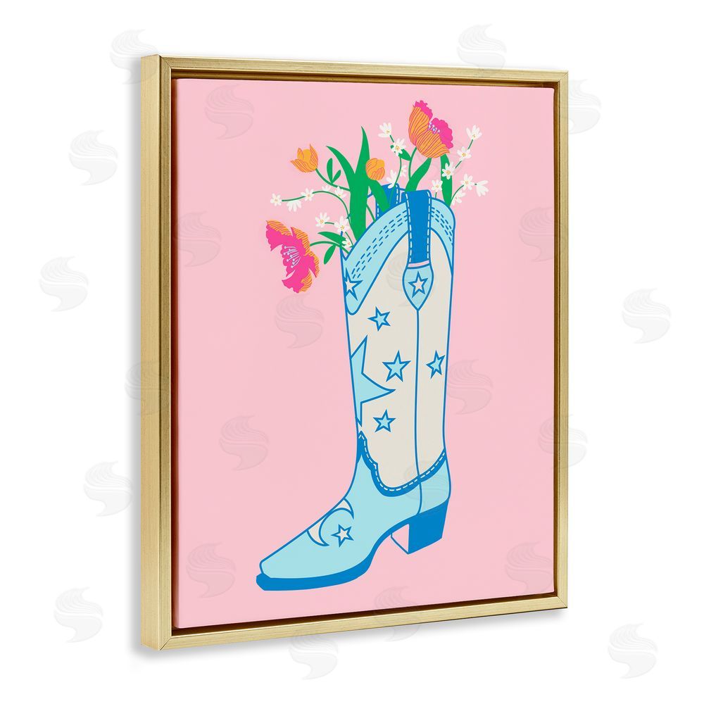 Grace Popp Pink Floral Cowgirl Boot Gold Floating Frame Canvas Wall Art Print
