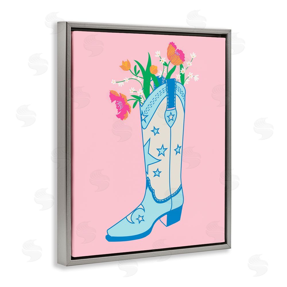 Grace Popp Pink Floral Cowgirl Boot Grey Floating Frame Canvas Wall Art Print