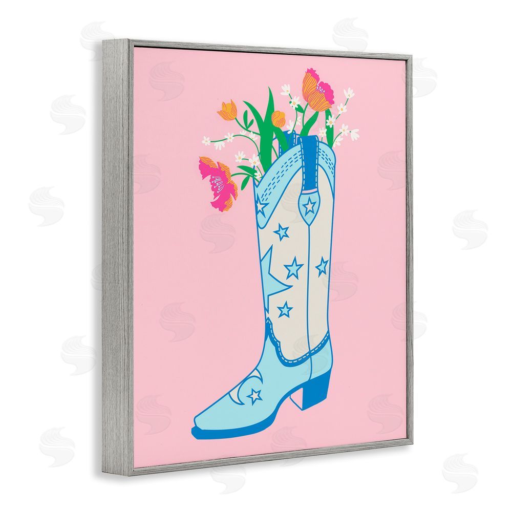 Grace Popp Pink Floral Cowgirl Boot Gray Framed Giclee Wall Art Print