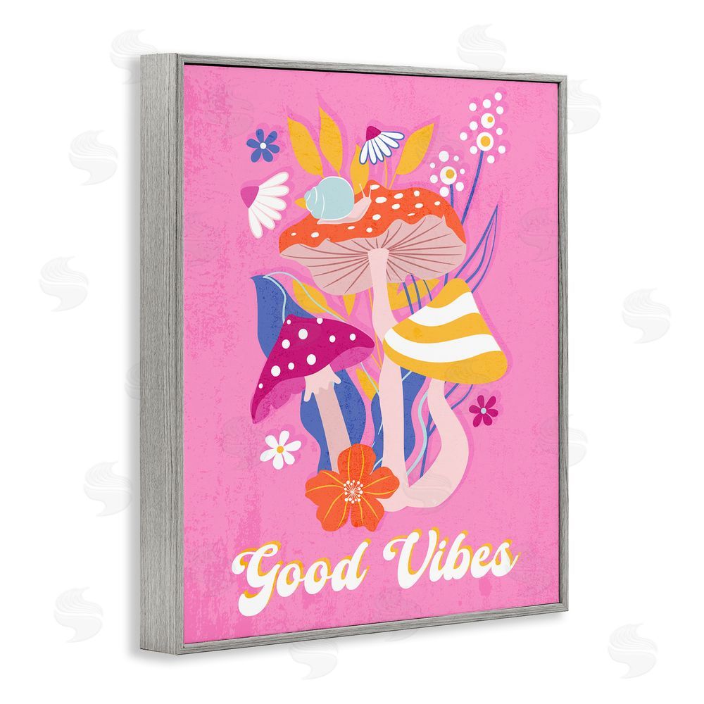 Martina Pavlova Good Vibes Retro Mushrooms Gray Framed Giclee Wall Art Print