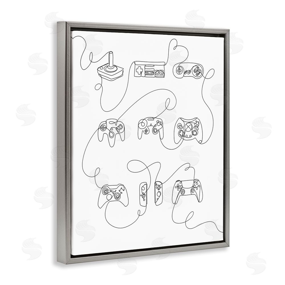 Kamdon Kreations Line Doodle Gaming Controllers Grey Floating Frame Canvas Wall Art Print