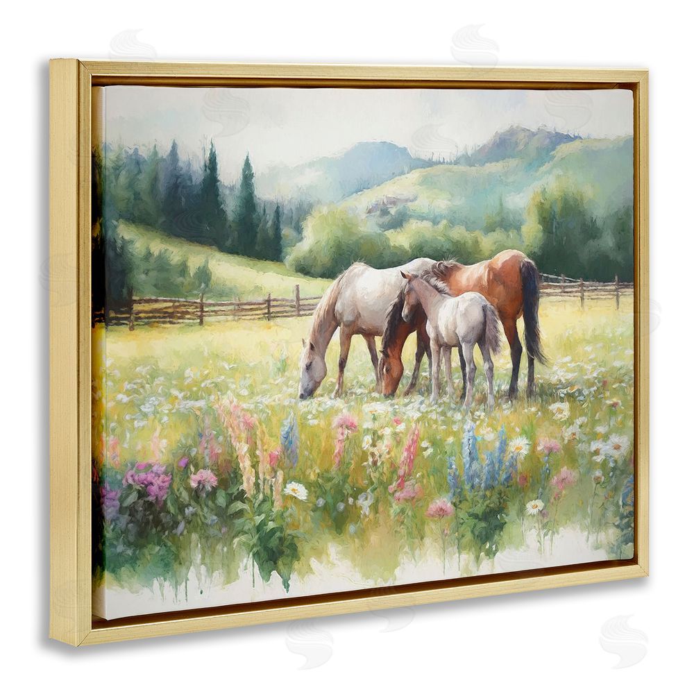 Ramona Murdock Horses in Spring Meadow Gold Floating Frame Canvas Wall Art Print