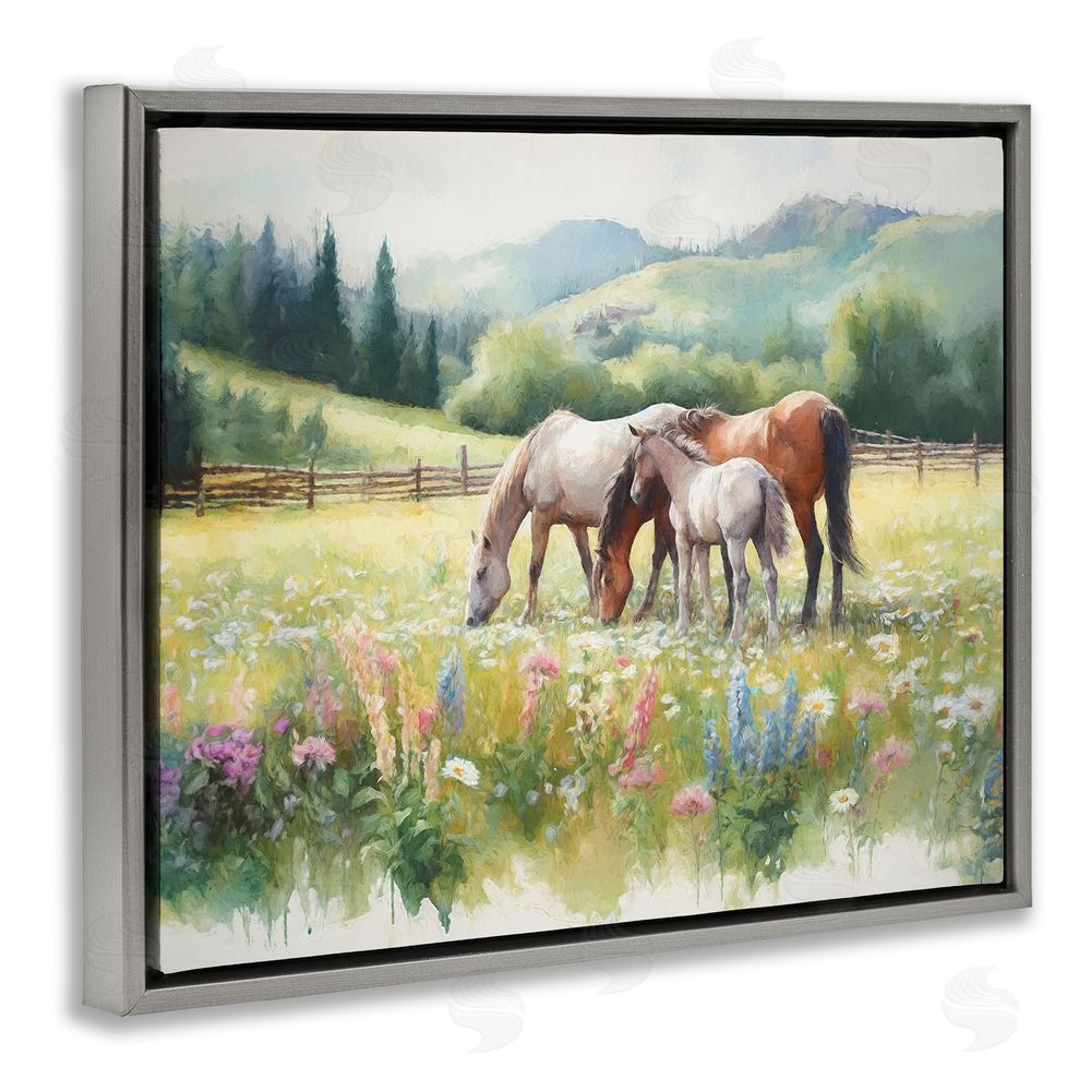 Ramona Murdock Horses in Spring Meadow Grey Floating Frame Canvas Wall Art Print