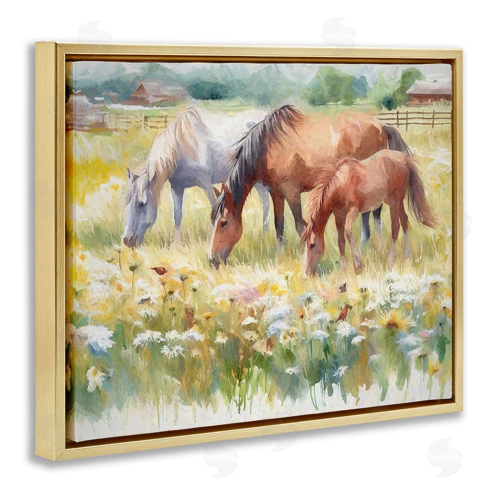 Ramona Murdock Grazing Horses in Meadow Gold Floating Frame Canvas Wall Art Print