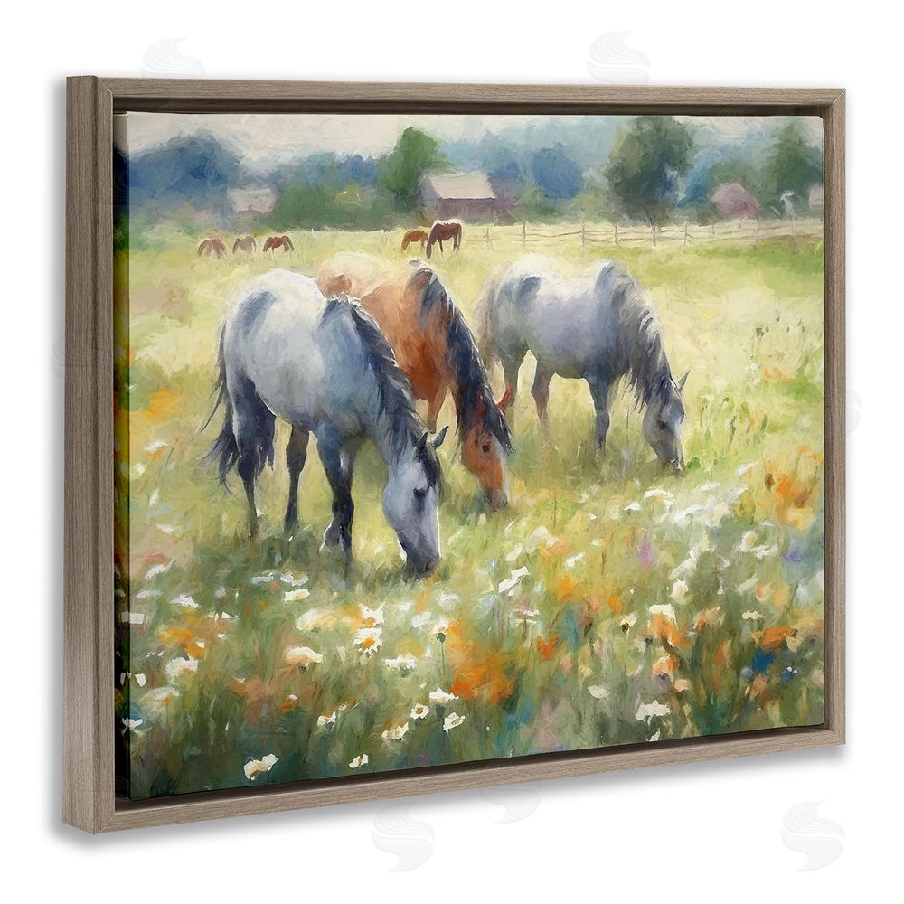 Ramona Murdock Grazing Horses in Pasture Brown Floating Frame Canvas Wall Art Print