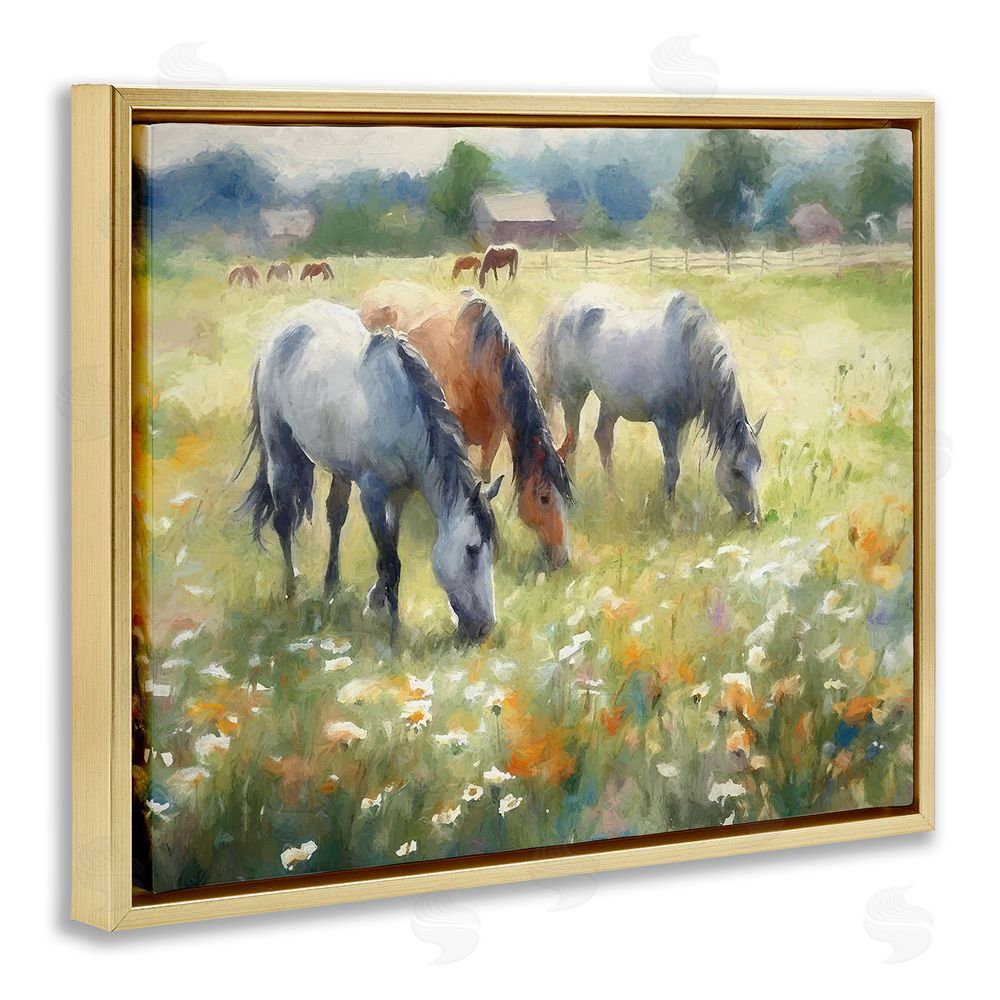 Ramona Murdock Grazing Horses in Pasture Gold Floating Frame Canvas Wall Art Print