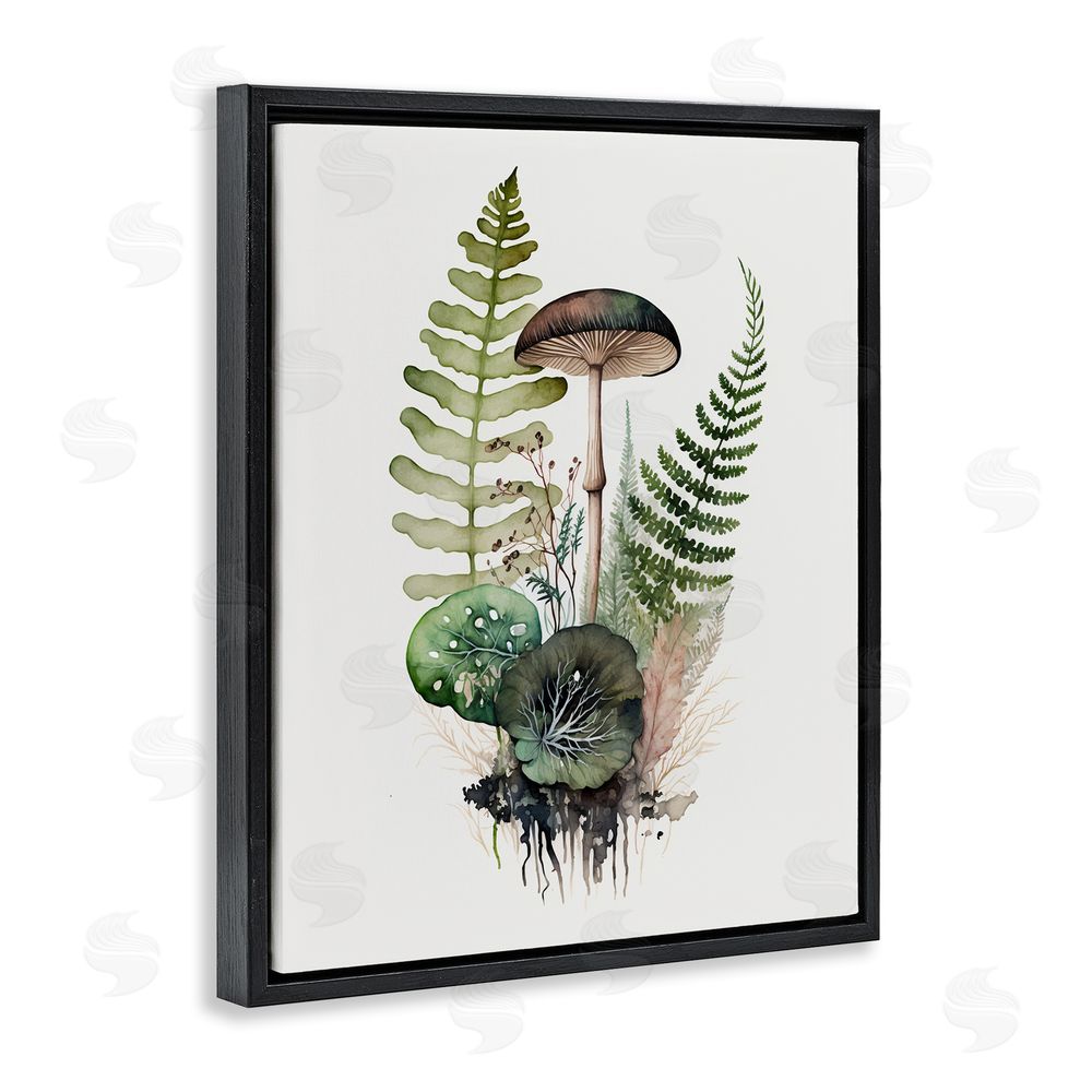 Petal Prints Design Mushroom & Ferns Nature Black Floating Frame Canvas Wall Art Print