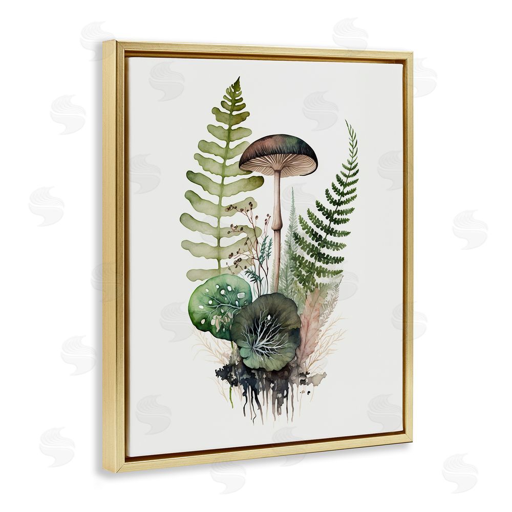 Petal Prints Design Mushroom & Ferns Nature Gold Floating Frame Canvas Wall Art Print