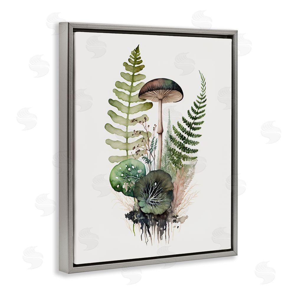 Petal Prints Design Mushroom & Ferns Nature Grey Floating Frame Canvas Wall Art Print