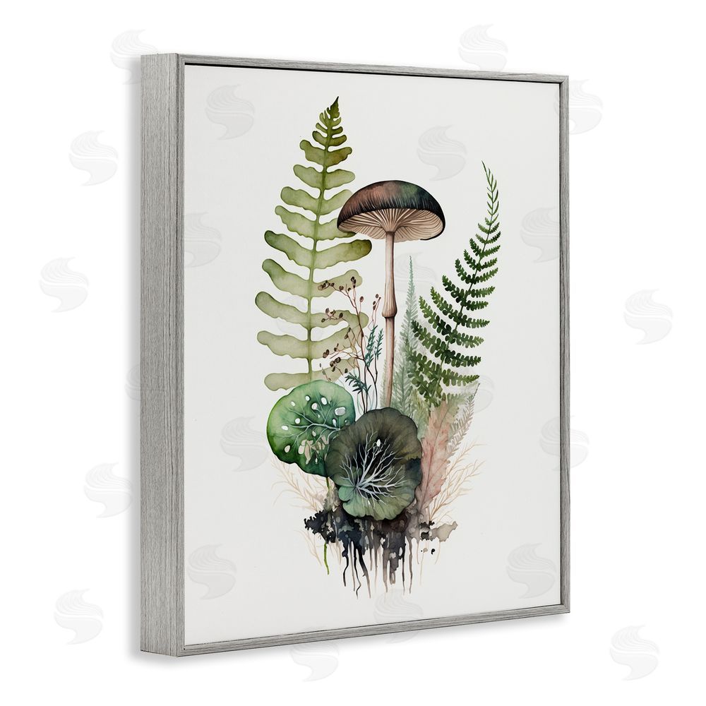 Petal Prints Design Mushroom & Ferns Nature Gray Framed Giclee Wall Art Print