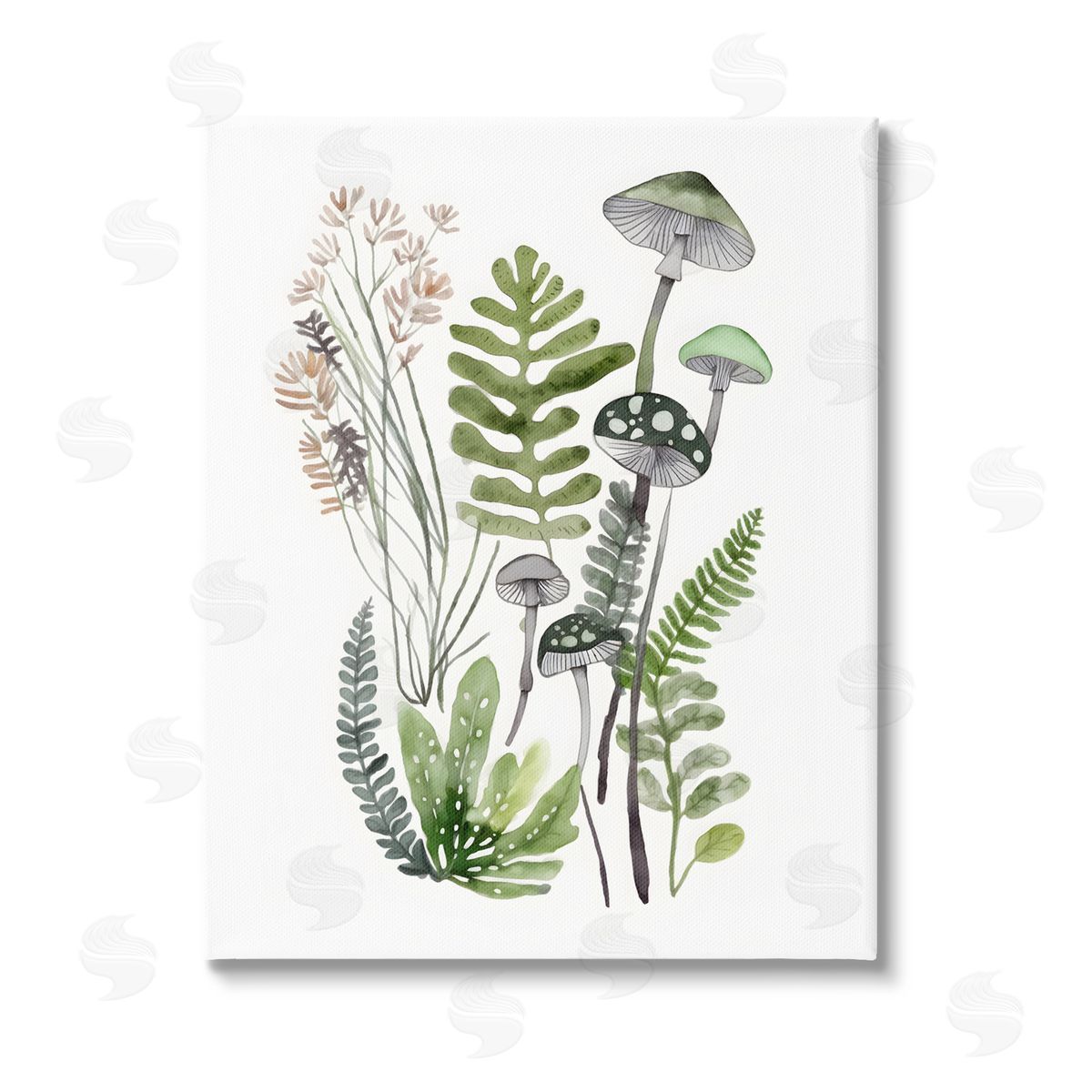 Petal Prints Design Green Mushroom Botanicals Stretched Canvas Wall Art Print