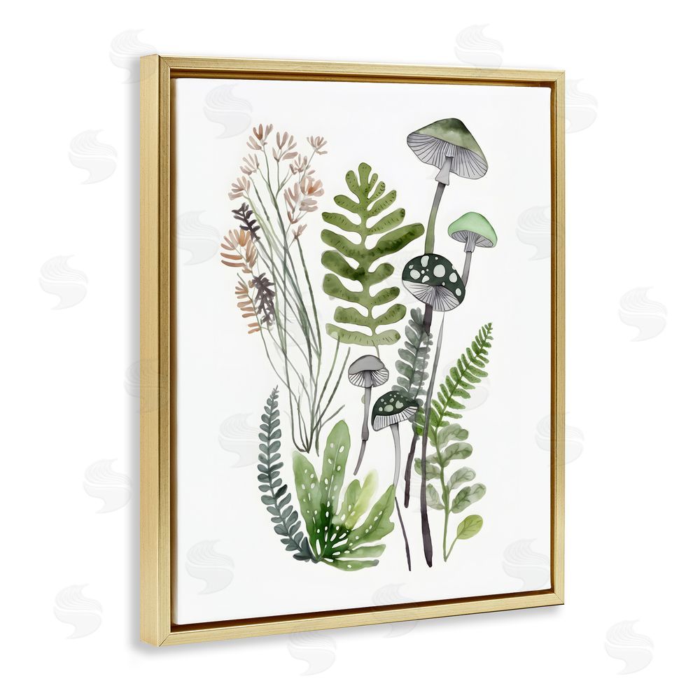 Petal Prints Design Green Mushroom Botanicals Gold Floating Frame Canvas Wall Art Print